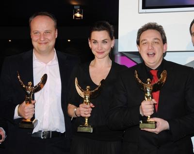 JUPITER - Verleihung 2008 von CINEMA Die Preistraeger Oliver Welke, Christiane Paul und Oliver Kalkofe ( Bester Film Deu-stock-foto