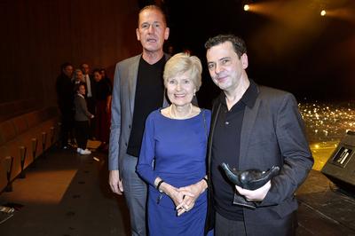 Mathias D?pfner, Friede Springer und Christian Petzold beim 29. B.Z. Kulturpreis 2020 im Haus der Berliner Festspiele.-stock-foto