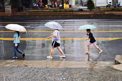 SHANGHAI, CHINA - JULY 30: Pedestrians with umbrellas walk on the road amid strong winds and rain brought by typhoon Co--stock-foto