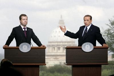 SILVIO BERLUSCONI R AND DMITRIJ MEDVEDEV pictured Rome Italy Italian Premier Silvio Berlusco-stock-photo