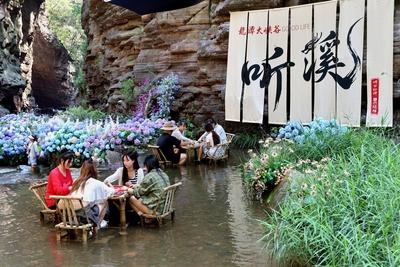 LUOYANG, CHINA - AUGUST 03: Visitors play mahjong in the stream to cool off at Longtan Valley Scenic Area on August 3, 2-stock-foto