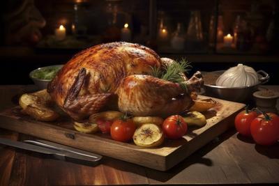 Golden brown roast chicken, perfectly cooked, placed against a rustic wooden background. Juicy Roast Chicken on Rustic B-stock-foto