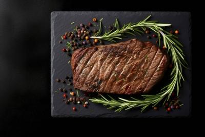 Captivating top view of succulent grilled meat, leaving room for your creativity. Top View Grilled Masterpiece Copyright-stock-foto
