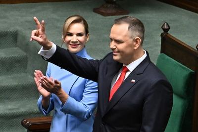 06.08.2025 WARSZAWA SEJM RP CEREMONIA ZAPRZYSIEZENIA PREZYDENTA KAROLA NAWROCKIEGO KAROL NAWROCKI Z ZONA MARTA NAWROCKA-stock-foto