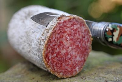 Fleischprodukte zur Nahrungsmittelgewinnung Deftige und harte Salami aus Ungarn liegt mit einem Messer auf einem Stein *-stock-foto