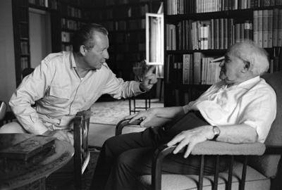 Axel Caesar SPRINGER li Deutschland Verleger im Gespr?ch mit David BEN GURION Israel ehemali-stock-foto