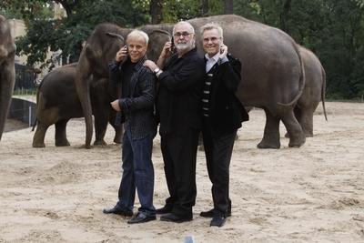 Udo Walz,Ren? Koch und Andy Moor, Botschafter f?r die Hauptstadtzoos .Sie pr?sentieren bei 3 echten Elefanten ihren Song : Das ist die Beliner Luft als Klingelton-Rap-stock-foto