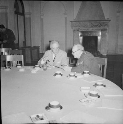 The Yalta Conference, February 1945 President Roosevelt and Winston Churchill are deep in discussion as they sit at the-stock-foto