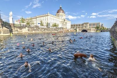 Schwimm-Demo gegen dauerhaftes Badeverbot, Hunderte Schwimmer protestieren in der Spree f?r Flussbadestellen. Das Ziel,-stock-foto