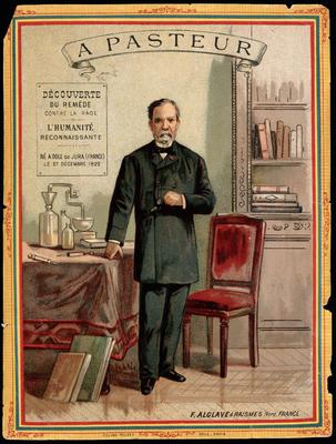 Louis Pasteur, standing, holding eyeglasses, with chemical apparatus and books. Chromolithograph. Copyright: xpiemagsx-stock-foto