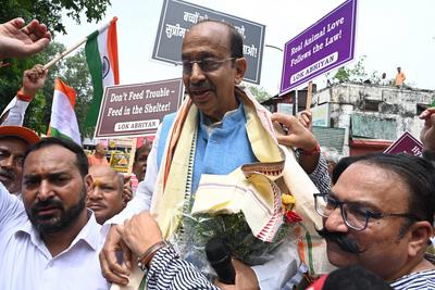 BJP Leader Vijay Goel Leads RWAs Rally Thanks SC For Order On Stray Dogs-stock-foto