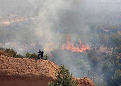 Smoke billows from a wildfire in the town of Delvine, south-east Albania, on August 13, 2025, as fire crews, aided by mi-stock-foto