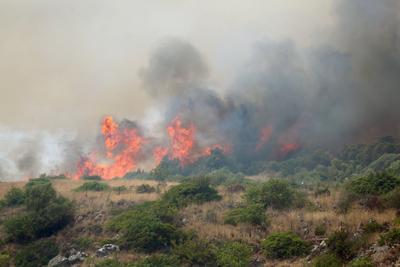 Smoke billows from a wildfire in the town of Delvine, south-east Albania, on August 13, 2025, as fire crews, aided by mi-stock-foto