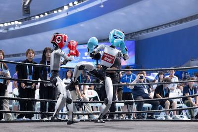 BEIJING, CHINA - AUGUST 14: Unitree Robotics robots showcase boxing skills at the opening ceremony of the 2025 World Hum-stock-foto