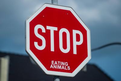 22.06.2020 - Coronavirus: Feature Kreis G?tersloh: Im Bild: Ein Stopp-Kennzeichen mit dem Aufkleber Eating Animals Foto:-stock-foto