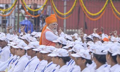 Prime Minister Narendra Modi Addresses Nation On 79th Independence Day From Red Fort-stock-foto