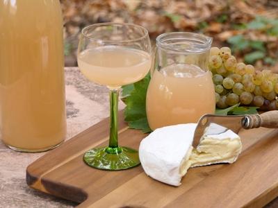 Frisch gepresster Traubensaft mit wei?en Weintrauben und K?se, Stillleben - Freshly pressed out grape juice with a bunc-stock-foto