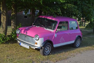 Mini Cooper Deutschland/ Niedersachsen/ Landkreis Gifhorn/ Südheide/ Ohrdorf/ am Morgen/ abgestellter Mini Cooper/ lila/-stock-foto
