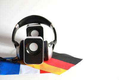 Speakers on white isolated background Speakers on white isolated background concept of language courses ,model released,-stock-foto
