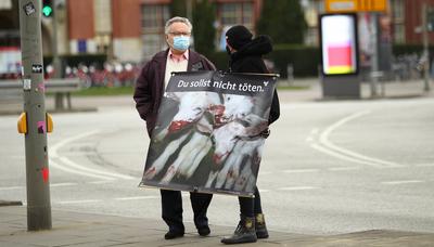 Eine Aktivistin der Tierrechtsorganisation PETA Deutschland steht auf einer Stra?e in Uhlenhorst und h?lt ein Plakat in-stock-foto