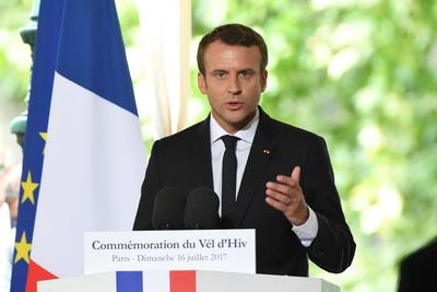 French President Emmanuel Macron at ceremony commemorating the 75nd anniversary of the Vel d Hiv rou-stock-foto