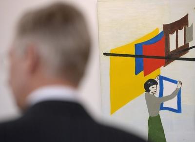 King Philippe visit the exhibition of the artist Walter Swennen Brussels 16 / 01 / 2014 Koning Filip bezoekt het Centrum-stock-foto