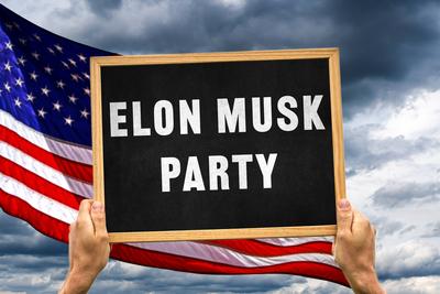 Bavaria, Germany - June 6, 2025: PHOTOMONTAGE, sign with Elon Musk party in front of American flag - a clear sign of spe-stock-foto