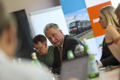 Claus Weselsky beim Pressegespr?ch ?ber Deutsche Bahn Zunkunft in Berlin-stock-foto