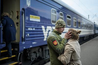 Ukraine war: Lviv railway station UKRAINE, 03.2022, Lwiw/Lviv. Ukraine-Krieg: Soldat nimmt Abschied von seiner Freundin,-stock-foto