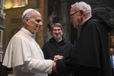 ITALY - POPE LEO XIV   PRESIDES OVER THE OPENING MASS FOR THE ELECTION OF THE NEW PRIOR GENERAL OF THE RELIGIOUS FAMILY IN THE BASILICA OF ST AUGUSRINE IN CAMPO MARZIO , ROME - 2025/9/1-stock-foto