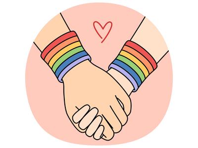 H?ndchenhalten mit LGBT-Armb?ndern, die die Liebe zwischen Schwulen oder Lesben oder Toleranz symbolisieren-stock-foto