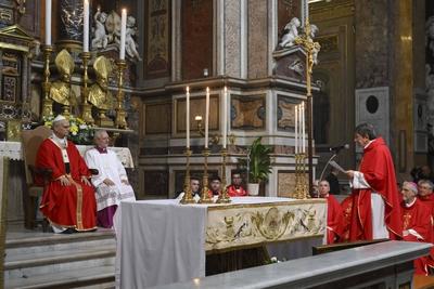 ITALY - POPE LEO XIV   PRESIDES OVER THE OPENING MASS FOR THE ELECTION OF THE NEW PRIOR GENERAL OF THE RELIGIOUS FAMILY IN THE BASILICA OF ST AUGUSRINE IN CAMPO MARZIO , ROME - 2025/9/1-stock-foto