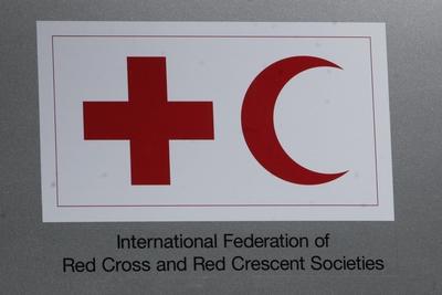 Logo der International Federation of Red Cross and Red Crescent Societies auf der Internationalen Au-stock-foto