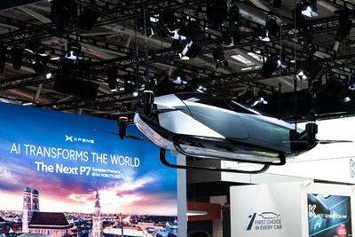 Munich, Bavaria, Germany - September 9, 2025: At the XPENG booth at IAA Mobility, a futuristic Xpeng Voyager X2 air taxi-stock-foto