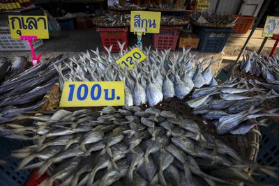 Fishing vessels at Mahachai pier in Samut Sakhon, Thailand Fish for sale at Mahachai market in Mahachai district, Samut-stock-foto