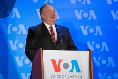 Secretary of State Michael R. Pompeo delivers remarks on Reclaiming America"!s Voice for Freedom, at the Voice of Americ-stock-foto