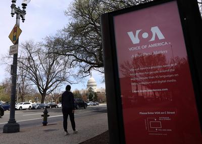 Voice of America (VOA) sign in Washington, District of Columbia, USA, Washington Dc, Virginia. - 23 Mar 2025-stock-foto