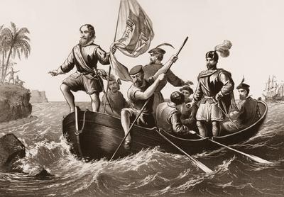 IMAGO History, Entdeckung Amerikas durch Christoph Kolumbus 1492 Christopher Columbus landing at San Salvador Island on-stock-foto