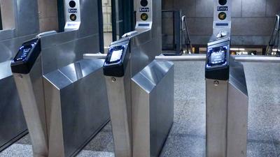 OMNY MTA Contactless fare payment system at grand central terminal. New York Subway station. NY, USA - July 15, 2023.-stock-foto