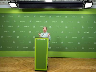 20251014 Pressekonferenz mit der GRUeNEN Klubobfrau Plenarvorschau und sowie aktuelle politische Entwicklungen-stock-foto