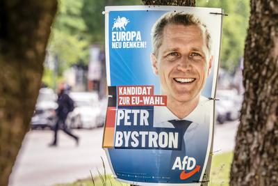 AfD Wahlplakat mit Kandidat Petr Bystron zur Europawahl am 9. Juni, M?nchen, Mai 2024 Deutschland, M?nchen, Mai 2024, Af-stock-foto