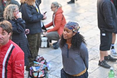 Croatia, Dubrovnik, 201025. Actress Carlacia Grant on the set of the fifth season of the Netflix teen series Outer Banks-stock-foto