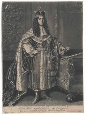 Wilhelm III., Prince of Orania, King of England as King of England etc. in Kronornat: Full figure standing, en face from-stock-foto