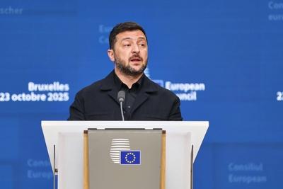 Br?ssel, Belgien, 23.10.2025: Europa-Geb?ude: Europ?ischer Rat: Wolodymyr Selenskyj, Pr?sident der Ukraine, auf einer Pr-stock-foto