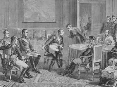 Alexander I of Russia (1777-1825). Emperor of Russia (1801-1825). Alexander I decides the fate of the Bourbons after being informed of the desertion of the VI Corps of the Grande Arm?e, led by Marshal Marmont, on 31 March 1814. Engraving by Deschamps.-stock-foto