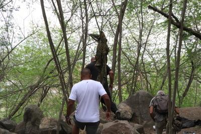Residents recover bodies in the woods after a major operation in the Alemao and Penha favela complexes.-stock-foto