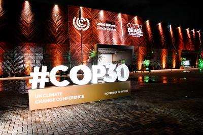 BELEM, BRAZIL - NOVEMBER 10: A COP30 sign is seen outside the venue of the 30th UN Climate Change Conference (COP30) on-stock-foto