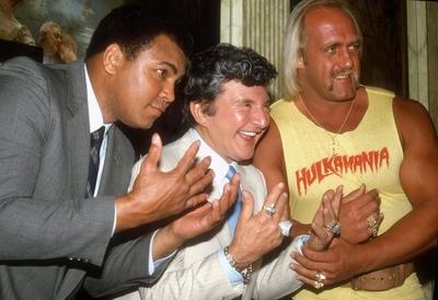 Muhammad Ali, Liberace and Hulk Hogan 1985-stock-foto