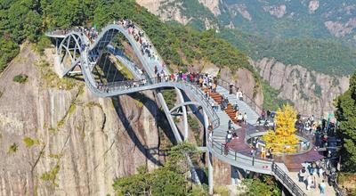 TAIZHOU, CHINA - NOVEMBER 15: Aerial view of tourists walking on glass-bottomed Ruyi Bridge at Shenxianju scenic area on-stock-foto
