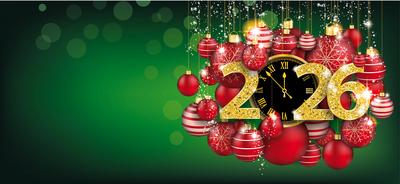 Hanging Red Baubles Green Christmas Golden Clock 2026 Red christmas card with hanging red baubles, clock and date 2026.-stock-foto